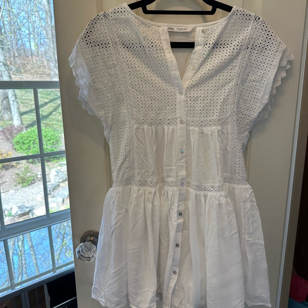 Zara White Eyelet Button-Down dress